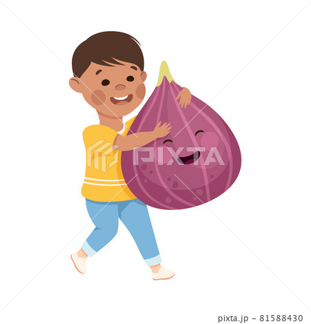 Happy Boy Carrying Big Fig with Cheerful Smiley Vector Illustration Happy Boy Carrying Big Fig with Cheerful Smiley Vector Illustration 81588430
