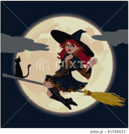 Halloween witch flying in the night sky. Illustration of cross stitch embroidery. 81589025
