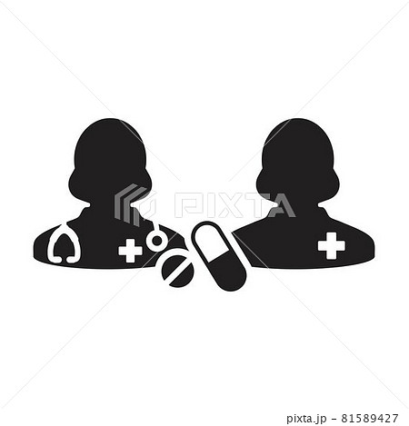 Doctor icon with patient vector with pill and tablet for medical treatment and consultation in a glyph pictogram illustration 81589427