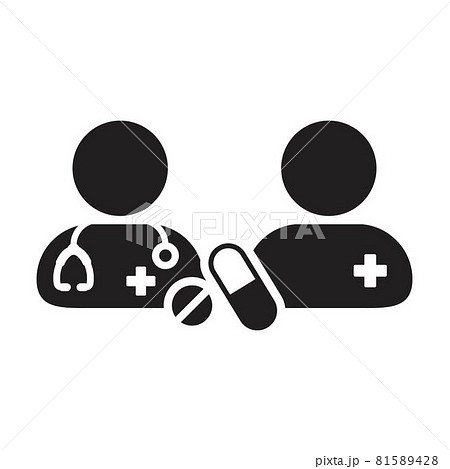 Physician icon doctor with patient vector with pill and tablet for medical treatment and consultation in a glyph pictogram illustration 81589428