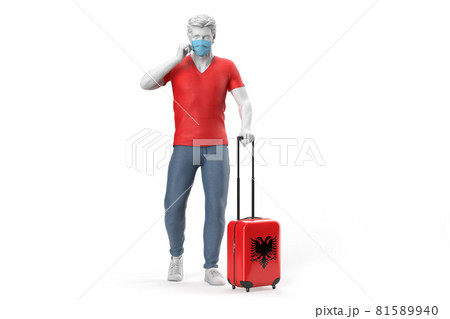 Man wearing face mask pulls a suitcase textured with flag of Albania. 3D illustration 81589940
