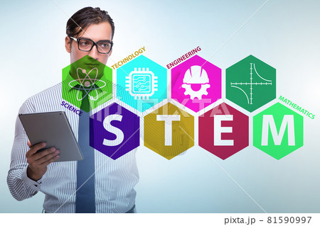 Businessman pressing virtual buttons in STEP education concept Businessman pressing virtual buttons in STEP education concept 81590997