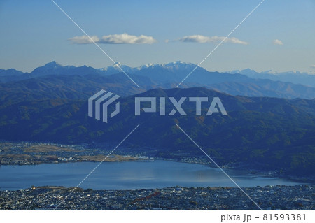 高ボッチ山からの南アルプスと諏訪湖 81593381