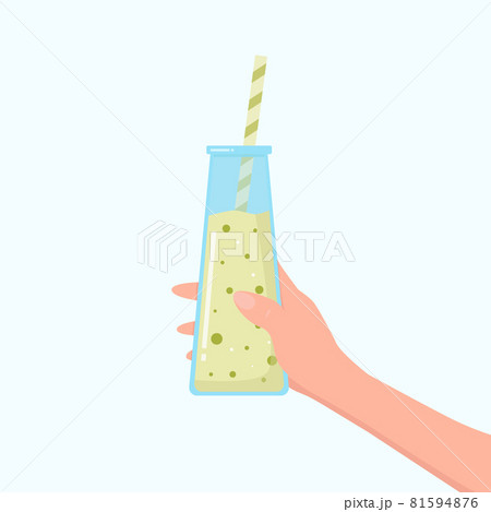 A woman is holding a glass with delicious smoothies on a colored background. 81594876