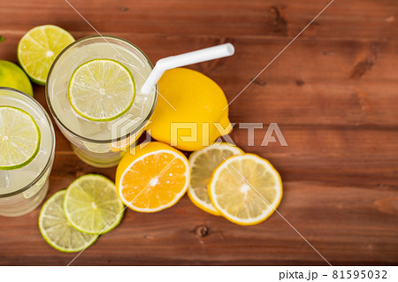 A close up picture of two refreshing glasses of cold fruit juice with straw, ice lime and lemon juice, decorating with fresh lime and lemon on wooden table. Concept for refreshing A close up picture of two refreshing glasses of cold fruit juice with straw, ice lime and lemon juice, decorating with fresh lime and lemon on wooden table. Concept for refreshing 81595032