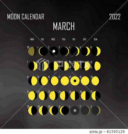 March 2022 Moon calendar. Astrological calendar design. planner. Place for stickers. Month cycle planner mockup. Isolated black and white background 81595126