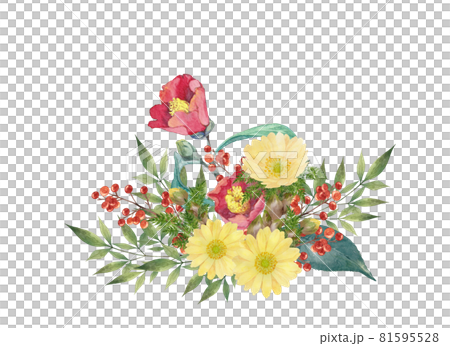 福寿草と椿と南天の和風ブーケのイラスト素材 [81595528] - PIXTA