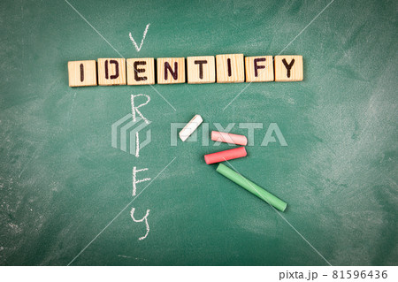 IDENTIFY and VERIFY. Wooden alphabet letters on a green chalk board IDENTIFY and VERIFY. Wooden alphabet letters on a green chalk board 81596436