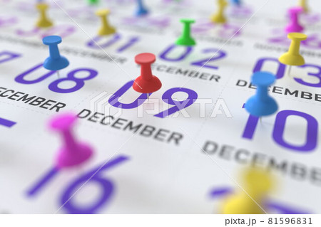 December 9 date and push pin on a calendar, 3D rendering 81596831