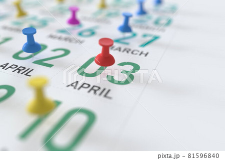 April 3 date and push pin on a calendar, 3D rendering 81596840