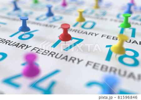 February 17 date and push pin on a calendar, 3D rendering 81596846