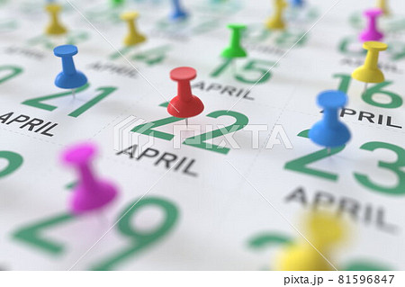 April 22 date and push pin on a calendar, 3D rendering April 22 date and push pin on a calendar, 3D rendering 81596847