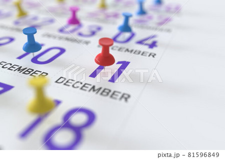 December 11 date and push pin on a calendar, 3D rendering 81596849