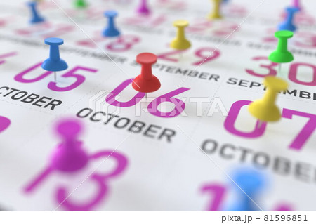 October 6 date and push pin on a calendar, 3D rendering 81596851