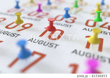 August 10 date and push pin on a calendar, 3D rendering 81596853