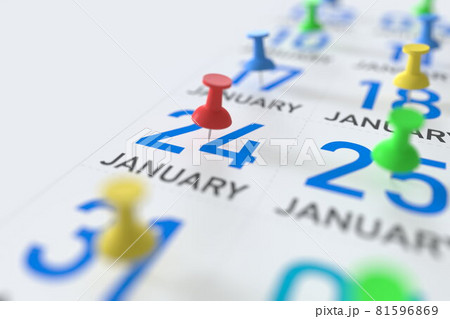 January 24 date and push pin on a calendar, 3D rendering 81596869