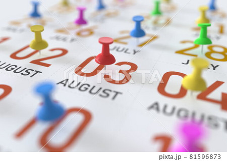 August 3 date and push pin on a calendar, 3D rendering 81596873