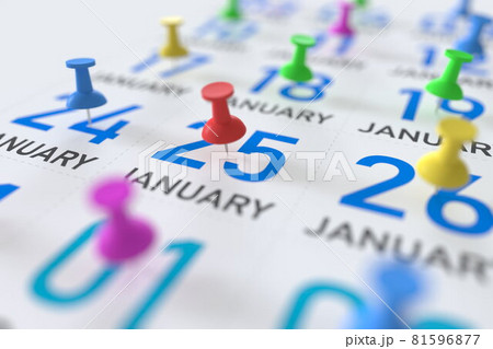 January 25 date marked with a pin calendar, 3D rendering 81596877