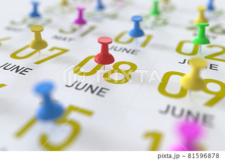 June 8 date marked with a pin calendar, 3D rendering June 8 date marked with a pin calendar, 3D rendering 81596878