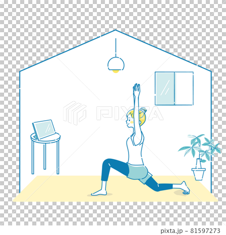 在家看平板電腦時做瑜伽的年輕女子的插圖 在家看平板電腦時做瑜伽的年輕女子的插圖 81597273