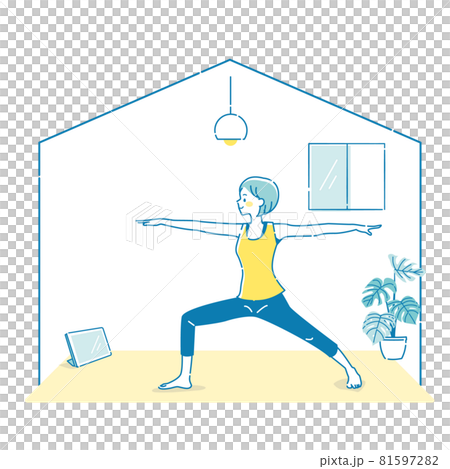 在家看平板電腦時做瑜伽的年輕女子的插圖 在家看平板電腦時做瑜伽的年輕女子的插圖 81597282