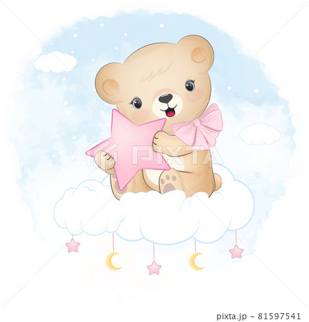 Teddy bear sitting on the cloud blue watercolorのイラスト素材