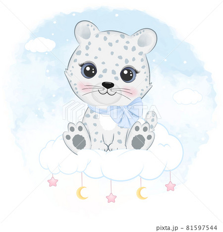 Cute little snow leopard sitting on the cloud arctic animal watercolor background 81597544