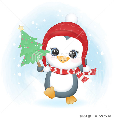 Cute penguin and pine christmas, Christmas watercolor illustration. Cute penguin and pine christmas, Christmas watercolor illustration. 81597548