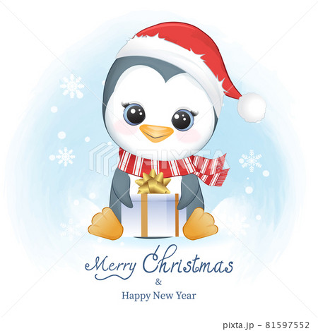 Cute penguin and gift box in winter, Christmas illustration. 81597552