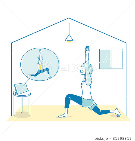 自宅でタブレットを見ながらヨガをするミドル女性のイラストのイラスト素材