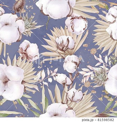 Cotton flowers seamless pattern and branches. Watercolor illustration Cotton flowers seamless pattern and branches. Watercolor illustration 81598582