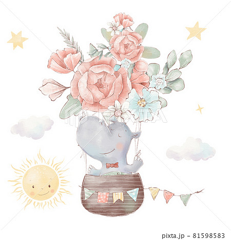 Set of cute cartoon hippo and stars. Watercolor illustration Set of cute cartoon hippo and stars. Watercolor illustration 81598583