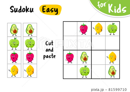 Sudoku kids game. Cut and paste the pictures. Cute fruit characters. Sudoku kids game. Cut and paste the pictures. Cute fruit characters. 81599710