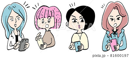 女性4人キャラクターとスマホ 81600197