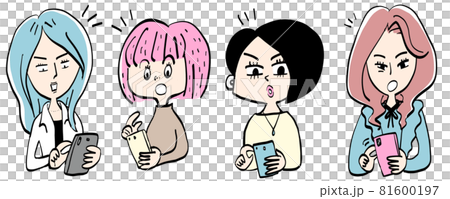 女性4人キャラクターとスマホ 81600197