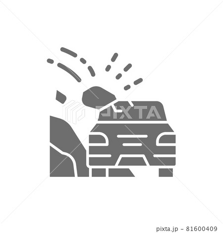 Landslides, accident on highway, stones collapsed on car grey icon. Landslides, accident on highway, stones collapsed on car grey icon. 81600409