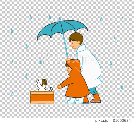 捨て犬を拾う母親と子供 捨て犬を拾う母親と子供 81600684