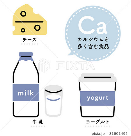 カルシウムを多く含む食品 イラストセット 日本語ver のイラスト素材