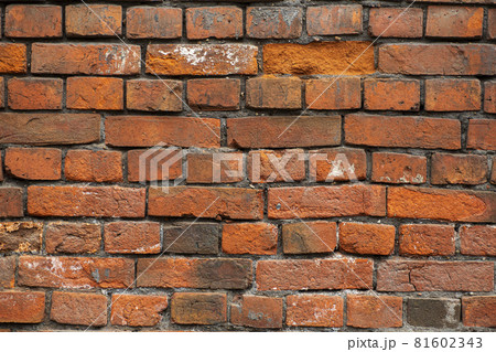 Old brick wall. Brickwork from an old brick in a rustic style. The structure and pattern of the destroyed stone wall. Copy space 81602343