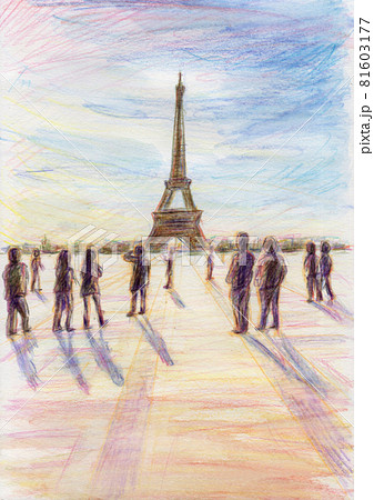 トロカデロ広場から見たエッフェル塔（色鉛筆画）のイラスト素材