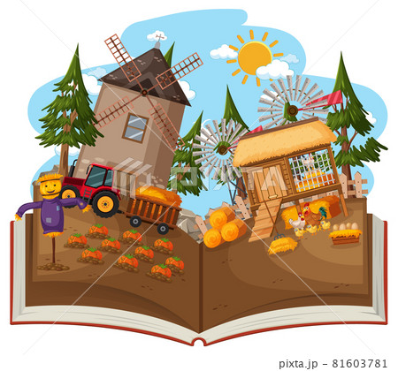 Open book with windmill in the farm scene Open book with windmill in the farm scene 81603781