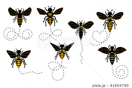Set of cartoon bee mascot. A small bees flying on a dotted route. Wasp collection. Vector characters. Incest icon. Template design for invitation, cards. Doodle style 81604780