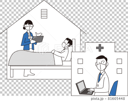 自宅療養者を見守る保健師と医者の連携を表すイラスト 81605448