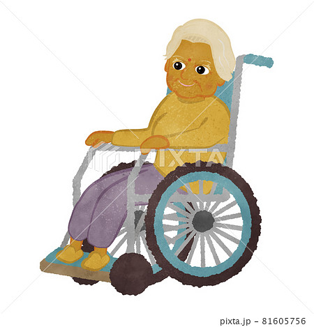 車いすに座っているかわいいインド人のおばあちゃんのイラストのイラスト素材