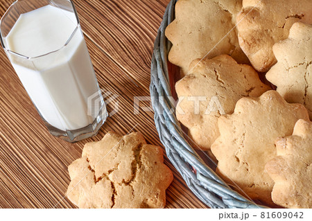 Fresh biscuits in the wicker basket from newspaper tubules and a transparent cup of milk on brown wooden background. Closeup, selective focus 81609042