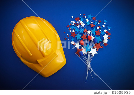 Happy Labor Day banner. Red, white, blue color stars and baloons on blue background. 81609959