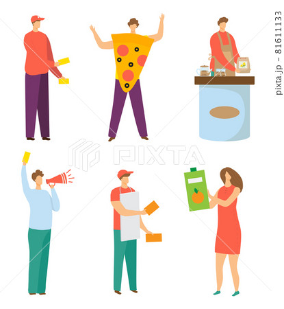 People character with promotion, isolated on white vector illustration. Man woman work for business marketing, pizza, tea and fruit juice 81611133