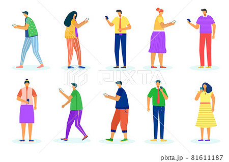 Woman man use gadget set, vector illustration. Flat people character talk in internet, female male person hold smartphone. Mobile message Woman man use gadget set, vector illustration. Flat people character talk in internet, female male person hold smartphone. Mobile message 81611187