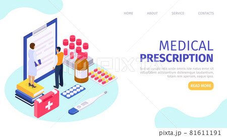Medical prescription for health, vector illustration. Healthcare online, man patient character stand near graphic diagnosis form, web page. 81611191