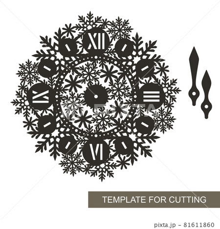 Silhouette of decorative wall clock. Roman numerals, hour and minute hands, openwork dial with a pattern of snowflakes. Interior decoration, gift for winter holidays, Christmas, New Year. Vector image Silhouette of decorative wall clock. Roman numerals, hour and minute hands, openwork dial with a pattern of snowflakes. Interior decoration, gift for winter holidays, Christmas, New Year. Vector image 81611860